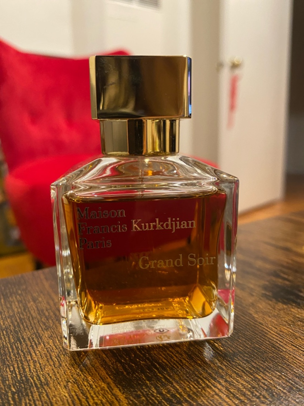 Authentic Maison Francis Kurkdjian Perfume Bottle with Gold Cap and Amber Liquid